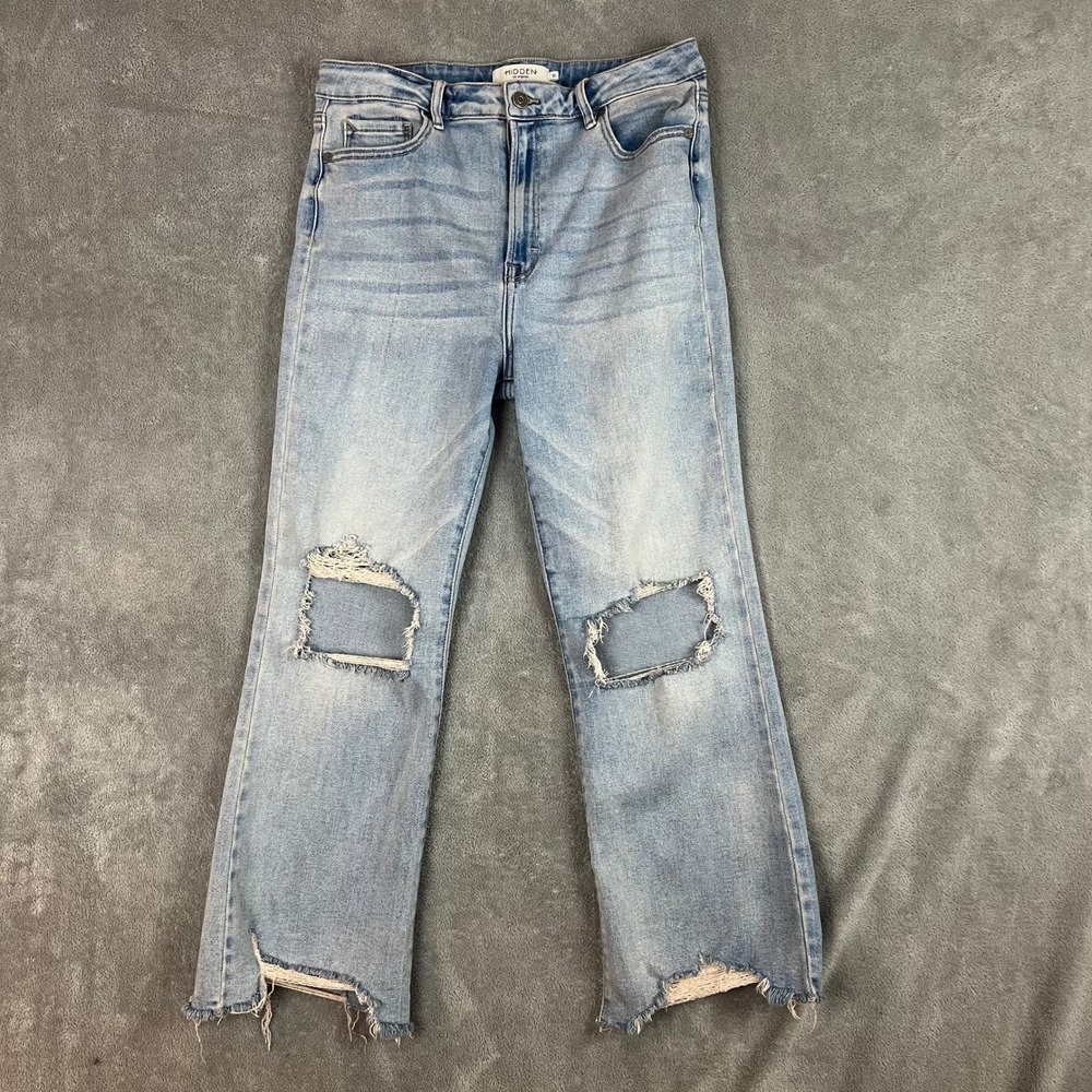 Hidden Jeans Womens 31 Light Wash Distressed Fray Hem Straight Leg